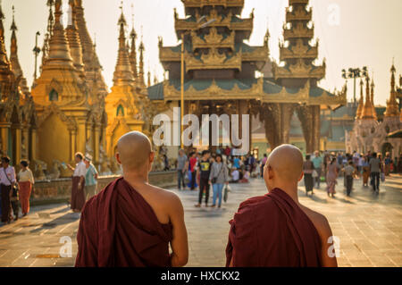 Mönche in der Shwedagon-Pagode in Yangon, Birma-Myanmar Stockfoto