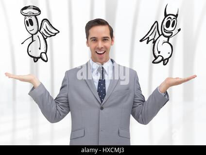 Digital composite Mannes Wahl oder Entscheidung, gut oder böse mit offener Handfläche Hände Stockfoto