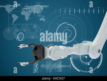 Digitalen Verbund aus weißen Roboter Kralle gegen weiße Oberfläche und blauer Hintergrund Stockfoto
