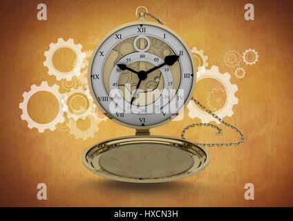 Digital Composite Pocket Watch Uhr vor braunem Hintergrund mit Zahnrad Rad Illustrationen Stockfoto