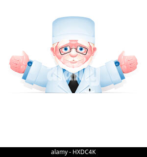 Senior woman in weißen Lab Mantel lugt hinter leeren Banner. Freundliche ältere Arzt mit offenen Armen isoliert auf weißem Hintergrund. Stockfoto