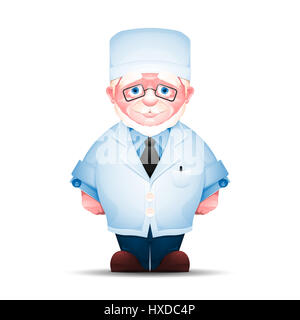 Porträt der ältere Mann im weißen Kittel. Charmante ältere medizinische Arbeiter isoliert auf weißem Hintergrund. Stockfoto