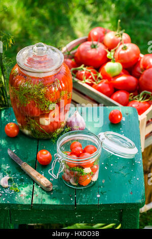 Zubereitung für eingelegte Tomaten in der Dose Stockfoto