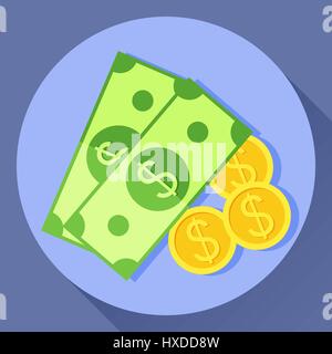 Vektor-flache Cartoon-Stil-Ikone von Bargeld. Grüne Banknoten mit goldenen Münzen. Stock Vektor