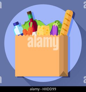 Vektor Icon der Einkaufstüte, die französische Baguette, Wein, Wasser, Käse, Karotten, Aubergine, Kohl und Brokkoli enthält Stock Vektor