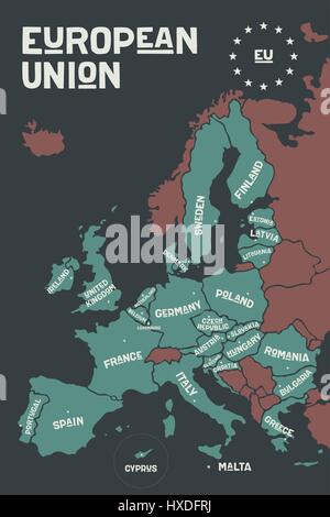 Poster-Karte der Europäischen Union mit Ländernamen Stock Vektor