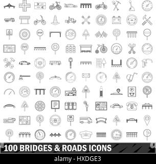 100 Brücken und Straßen Icons Set, Umriss-Stil Stock Vektor