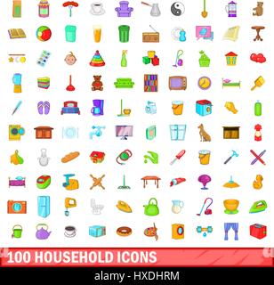 100 Haushalte Icons Set, Cartoon-Stil Stock Vektor