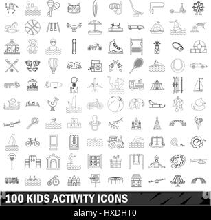 100 Kinder Aktivität Icons Set, Umriss-Stil Stock Vektor