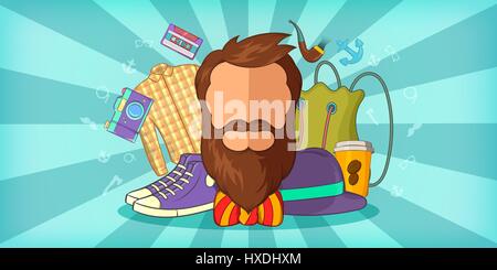 Hipster Mann horizontale Banner blau, Cartoon-Stil Stock Vektor