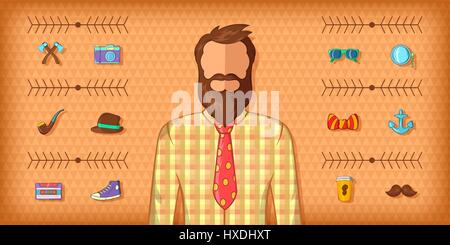 Hipster Mann horizontale Banner braun, Cartoon-Stil Stock Vektor