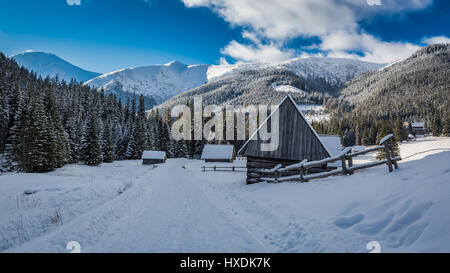 Schneebedeckte Chocholowska Tal bei Sonnenuntergang, Tatra-Gebirge in Polen Stockfoto