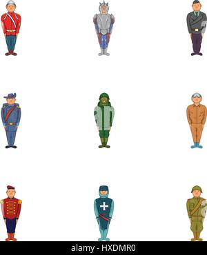 Typen von Soldaten Icons Set, Cartoon-Stil Stock Vektor