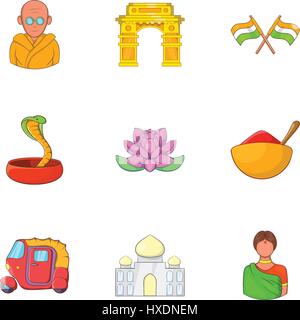 Aufenthalt in Indien Icons Set, Cartoon-Stil Stock Vektor