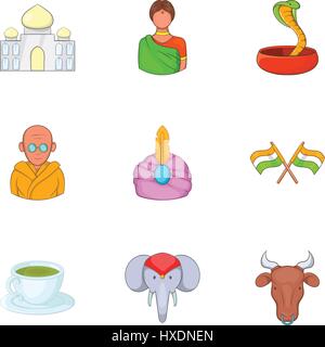 Herkunftsland Indien Icons Set, Cartoon-Stil Stock Vektor
