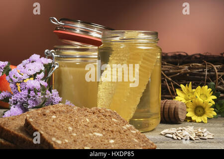 Honig mit Brot, Sonnenblumen-Kerne und Blumen, Brot mit Honig, Sonnenblumenkerne und Blumen |, Honig Mit Brot, Sonnenblumenkerne Und Blumen | Brot-wi Stockfoto