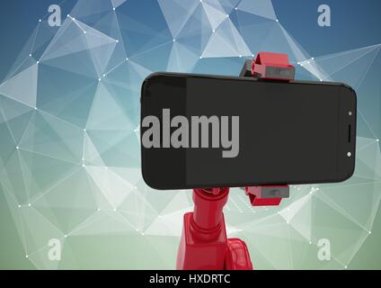 Digitalen Verbund aus roten Klaue mit Handy gegen weiße Vektor Mesh und blau grünen Hintergrund Stockfoto