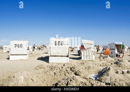 Strandkörbe auf dem Strand von Saint Peter-Ording, Strandkoerbe bin Strand von St. Peter-Ording Stockfoto