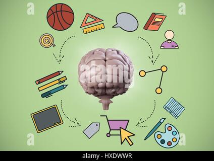 Digital Composite Pink Gehirns mit Bildung Grafiken vor grünem Hintergrund Stockfoto