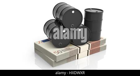 Schwarze Ölfässer auf fünfzig Euro-Banknoten. 3D illustration Stockfoto