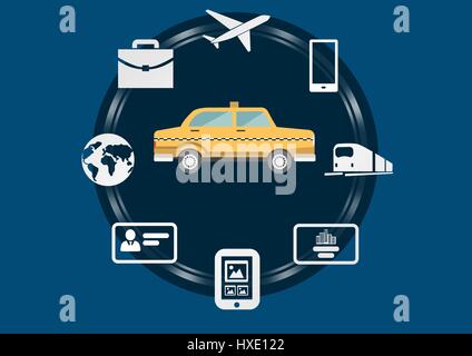 Digitalen Verbund aus Taxi Abbildung Symbol im Kreis vor blauem Hintergrund mit Reisen und Technologie Business icons Stockfoto