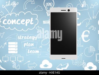 Digitalen Verbund des Telefons vor blauem Hintergrund mit grafischen Darstellungen Stockfoto