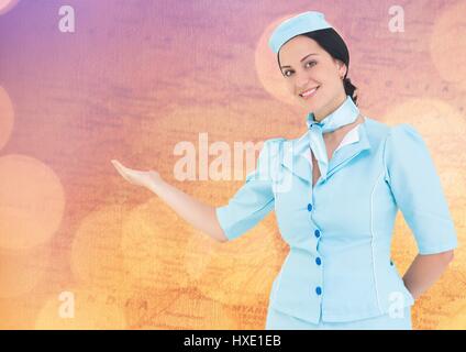 Digitalen Verbund der Stewardess gegen Karte mit bokeh Stockfoto