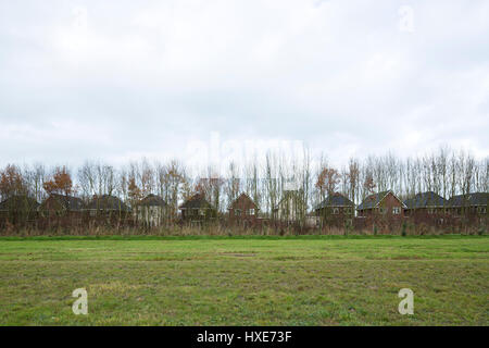 Reihe von Häusern hinter Bäumen in Almere. (Unwahrscheinlich, selbst Häuser zu bauen). Zelfbouw Serie - Extras, Verschiedene, Niederlande. Architekt: Verschiedene, 2015. Stockfoto