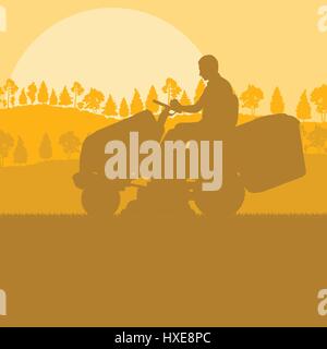 Gärtner mit Rasenmäher Traktor schneiden Rasen Vektor Landschaft im Hintergrund Stock Vektor