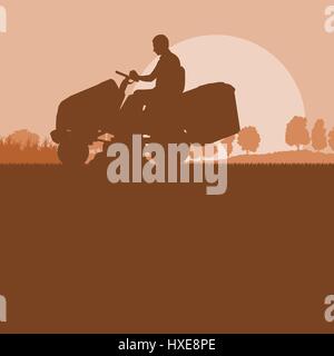 Gärtner mit Rasenmäher Traktor schneiden Rasen Vektor Landschaft im Hintergrund Stock Vektor