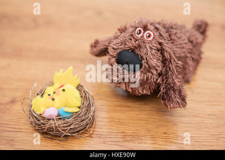 Nest mit Eiern und Hühnerfleisch nächster Hund Stockfoto