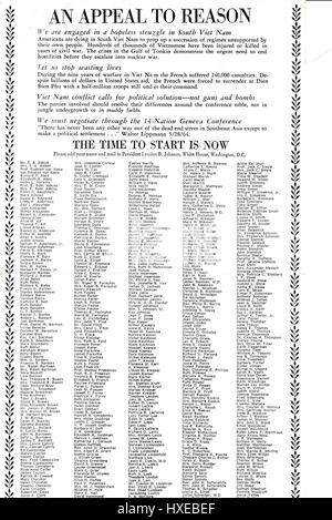 Eine Zeit des Vietnamkriegs Prospekt mit dem Titel "ein Aufruf zur Vernunft" Eintreten für das Ende der Kampfhandlungen in Vietnam und mit einer Liste von Namen, die der Leser ist Ihnen hinzufügen und senden Sie die gesamte Liste an Präsident Lyndon Johnson, 1967. Stockfoto