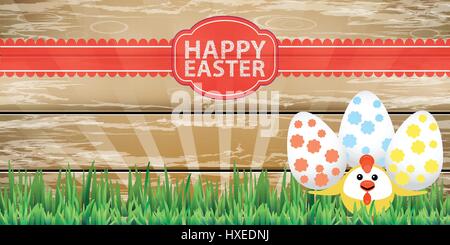 Happy Easter Huhn Zirkus starker Mann drei Eiern auf einem Holzzaun-Hintergrund. Illustration für Ihr Design. Stock Vektor