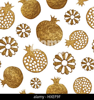 Gold abstrakte Granatapfel und Blumen Muster. Handgemalte nahtlose Hintergrund. Stockfoto