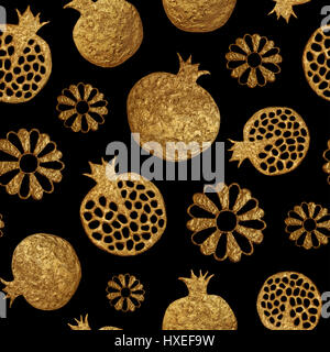 Gold abstrakte Granatapfel und Blumen Muster. Handgemalte nahtlose Hintergrund. Stockfoto