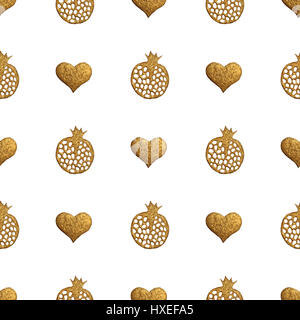 Gold Granatapfel abstrakte Muster. Handgemalte Herzen nahtlose Hintergrund. Stockfoto