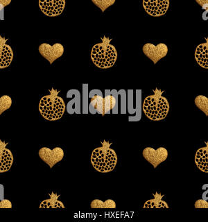 Gold Granatapfel abstrakte Muster. Handgemalte Herzen nahtlose Hintergrund. Stockfoto