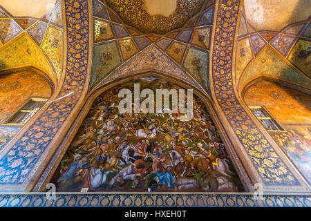 Schlacht von Çaldıran Fresko im Palast von vierzig Säulen (Chehel Sotoun) in Isfahan, Hauptstadt der Provinz Isfahan im Iran Stockfoto