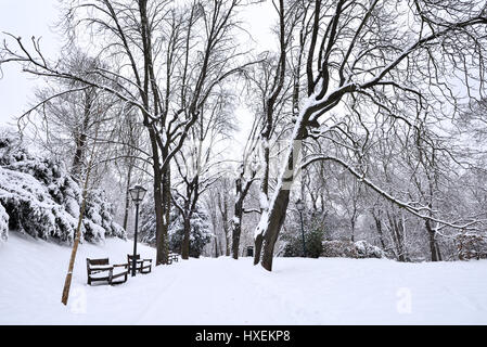 City Park in der Stadt Brünn, Tschechische Republik - in frischem Weiß Schnee im Januar Stockfoto