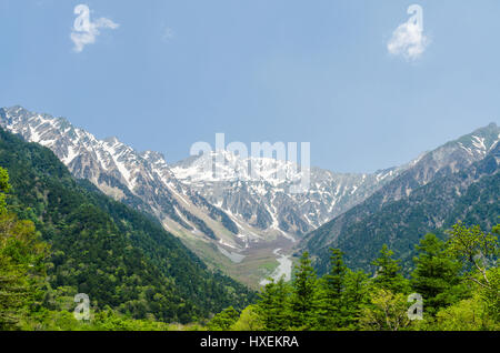 Hotaka Bergkette und grüner Baum im Frühjahr auf Kamikochi Nationalpark Nagano japan Stockfoto