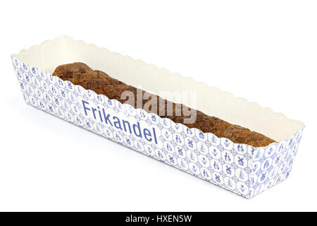 traditionelle holländische Frikandel in einem Karton Container isoliert auf weißem Hintergrund Stockfoto