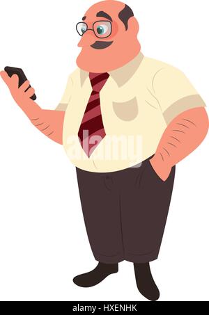 Mann mit einem Schnurrbart mit seinem Smartphone Stock Vektor