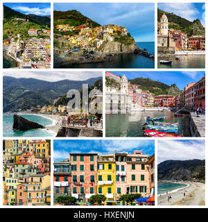 Collage aus Fotos der Cinque Terre in Italien (Vernazza, Manarola, Corniglia, Monterosso al Mare, Riomaggiore) Stockfoto