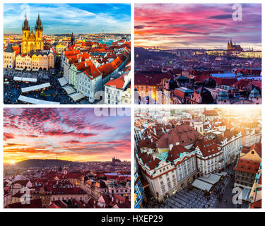 Collage der Sehenswürdigkeiten von Prag. Karlsbrücke, der St.-Veits-Doms, astronomische Uhr Orloj, Liebfrauenkirche Tyn in der Prager Altstadt, verfügbar Stockfoto