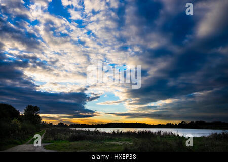 Spektakuläre Sommer Sonnenuntergang in South Cerney, Cotswolds, Gloucestershire, England Stockfoto