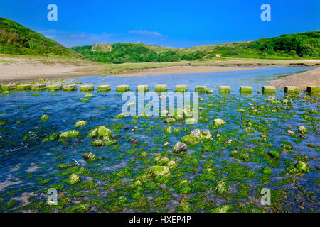 Die Ruinen der Burg Pennard von Three Cliffs Bay auf der Gower-Halbinsel, South Wales gesehen Stockfoto