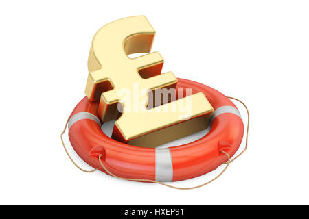 Rettungsring mit goldenen Pfund Sterling Symbol, 3D-Rendering isolierten auf weißen Hintergrund Stockfoto
