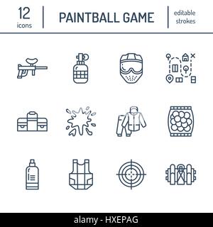 Paintball Spiel Linie Symbole. Outdoor-Sportgeräte, Paint-Ball-Marker, Uniform, Maske, Brustschutz. Extreme Freizeit dünne lineare Zeichen Stock Vektor