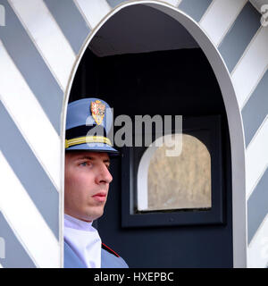 Prager Burg Wachhabende (Hradní Stráž) in Prag, Tschechische Republik. Die Wache ist seine Sommer-Uniform tragen. Stockfoto