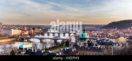 Blick auf die wichtigsten Brücken in Prag: Karlsbrücke, Schlossbrücke, Eisenbahnbrücke, Legion Brücke, Manes-Brücke Jirasek Brücke. Tschechien Stockfoto